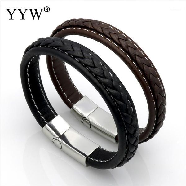 

genuine leather bracelet men stainless steel leather braid bracelet with magnetic buckle clasp pulseiras masculina1, Black