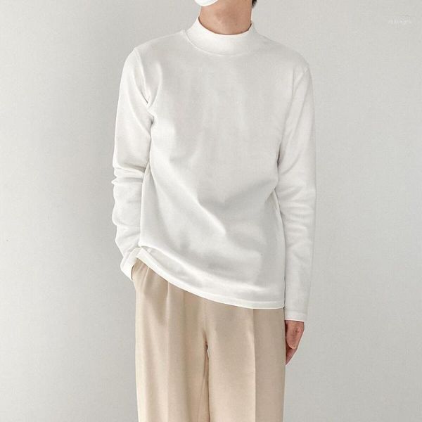 

2020 half turtleneck white cotton t shirt homme basic solid soft long sleeve autumn tshirts korean style casual t shirt men1, White;black