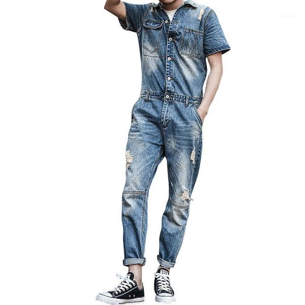 

2020 new fashion set casual men short sleeves denim overalls jumpsuit nine pants hole jeans blue overalls vintage singer costume1