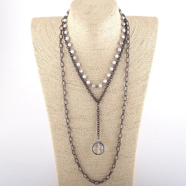 

fashion bohemian tribal jewelry 3 layer multiple white stone rosary link & chain glass ball pendant necklaces, Silver