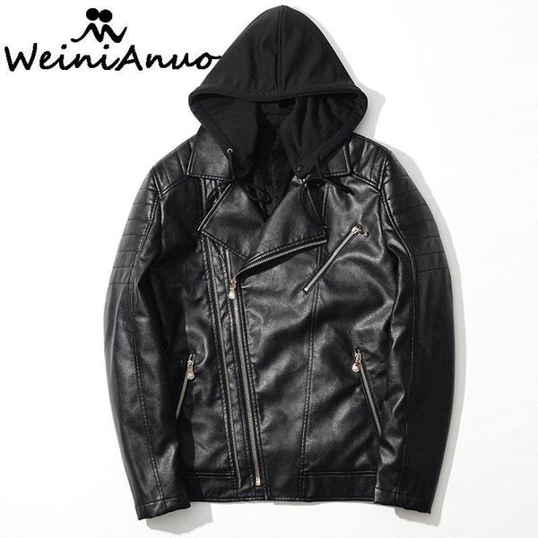 

weinianuo 2017 brand hooded leather jackets mens spring autumn casual men leather jacket male coats chaqueta hombre cuer 1781, Black