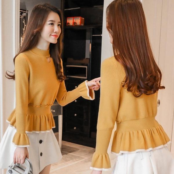 

korean style women pullover sweaters autumn winter half turtleneck collarbone hollow out flare sleeve peplum ruffle sweater, White;black