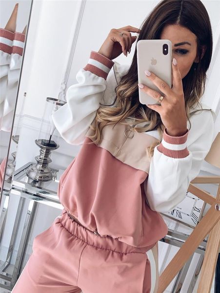 

2019 vintage pink khaki contrast color baseball bomber pullover jacket women and pencil jogging pants suits two piece sets, Gray