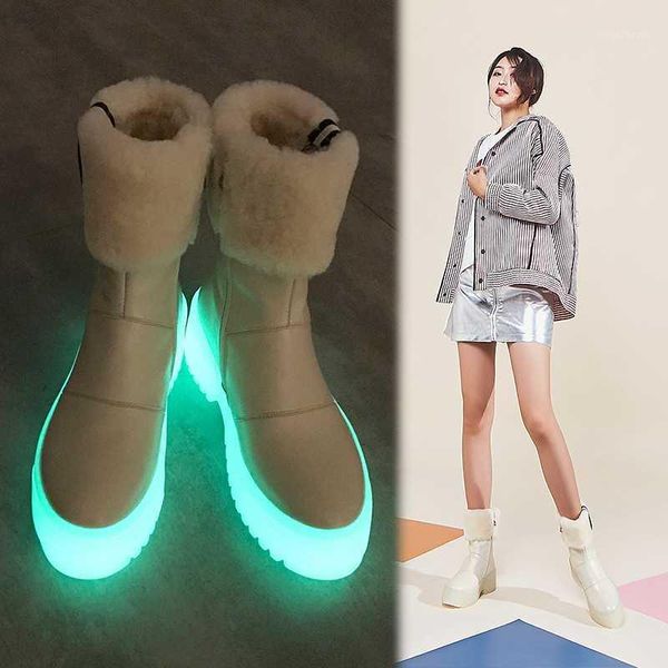 

boots womens round toe genuine leather ankle snow fleece liner luminous night thicken waterproof shoes black beige c9871