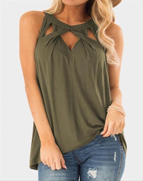 

women solid halter cross twist hollow out tank female army green sleeveless vest summer ladies loose modern shirt, White