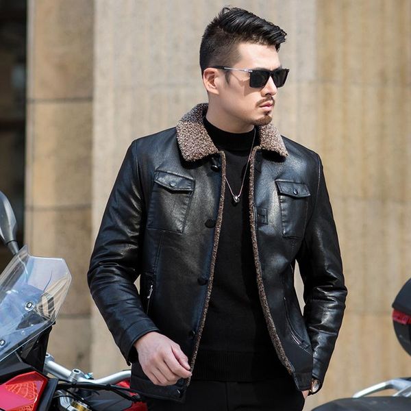 

genuine high mens quality winter leather jacket brand clothing sheepskin coat fur parka with mink collar, Black