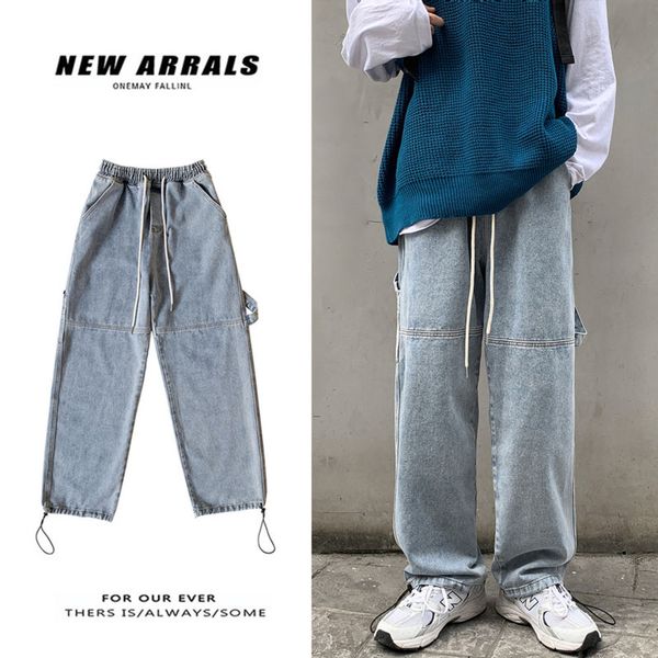 

korean style straight jeans men's fashion casual retro drawstring jeans men streetwear loose hip-hop denim trousers mens -3xl, Blue