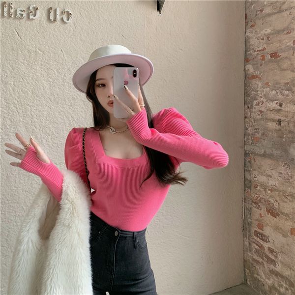 

south korea ins temperament square neck princess sleeve bottoming outerwear top, White;black