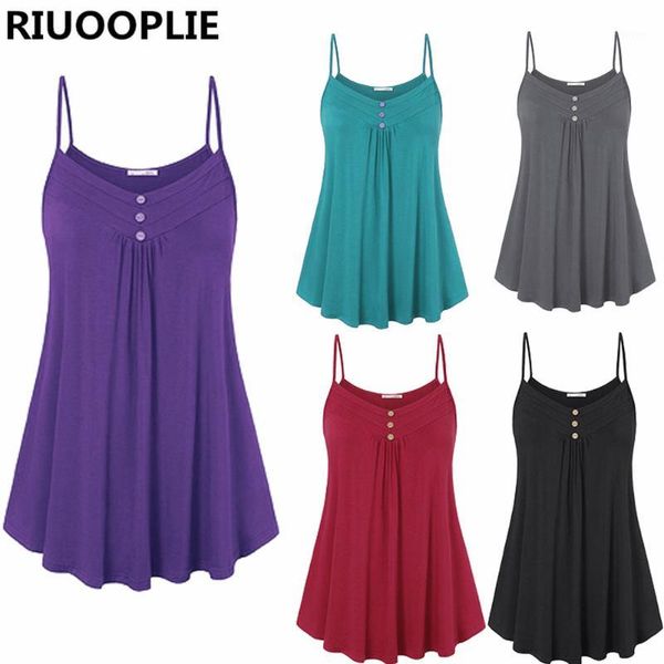 

riuooplie summer women's loose pure color casual v-neck button short sling 1, White