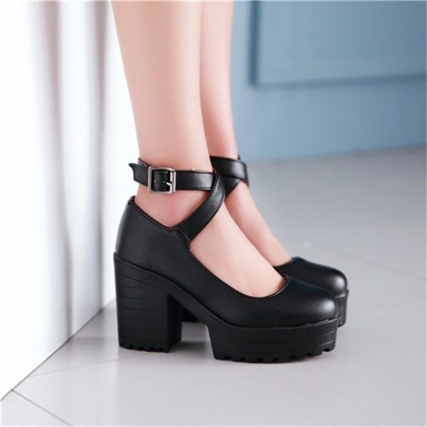 

pxelena 2017 autumn vintage womens chunky block high heel platform ankle strap buckle pumps punk shoes plus size black white t200525