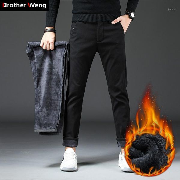 

2020 winter new men's slim warm casual pants business fashion classic style cotton stretch tight thicken trousers male brand1, Black