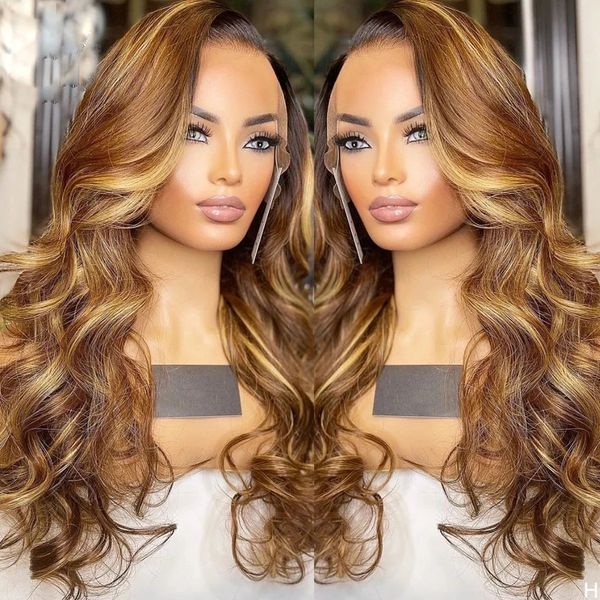 Destaque Wig Honey Blonde Brown Wavy Transparent HD Lace 360 ​​Frontal Human Hair Wigs pré -arrancados com cabelos para bebês Remy t Part Wig