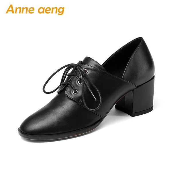 

dress shoes 2021 autumn/spring genuine leather women high heels round toe lace-up office ladies pumps black woman