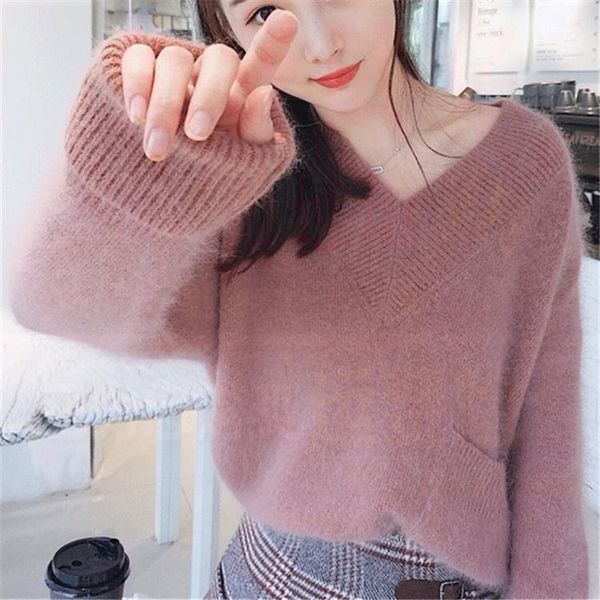 

mink cashmere mohair oversized sweater women 2020 autumn winter v-neck batwing sleeve jumper pull femme hiver pullover1, White;black