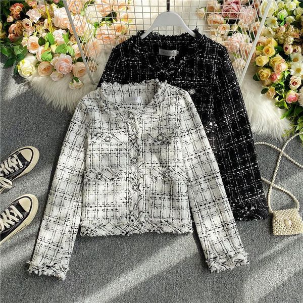 

little fragrant wind short jacket female long autumn a winter design sense tweed plaid coat woolen small suit retro jacket women, Black;brown