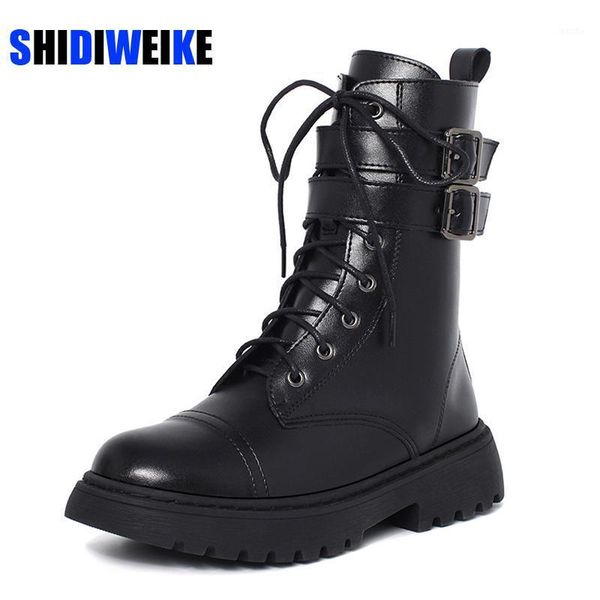 

boots 2021 style for autumn winter round lace-up female flat british vintage double buckle ac2511, Black