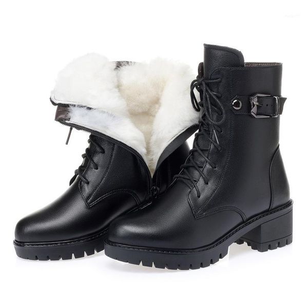 

boots fashion genuine leather women's large size non-slip thick heels wool warm winter shoes snow1, Black
