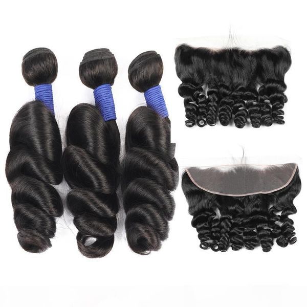 

wholesale 10a brazilian loose wave 3 bundles with 13*4 lace frontal peruvian malaysian indian virgin human hair extensions ing, Black
