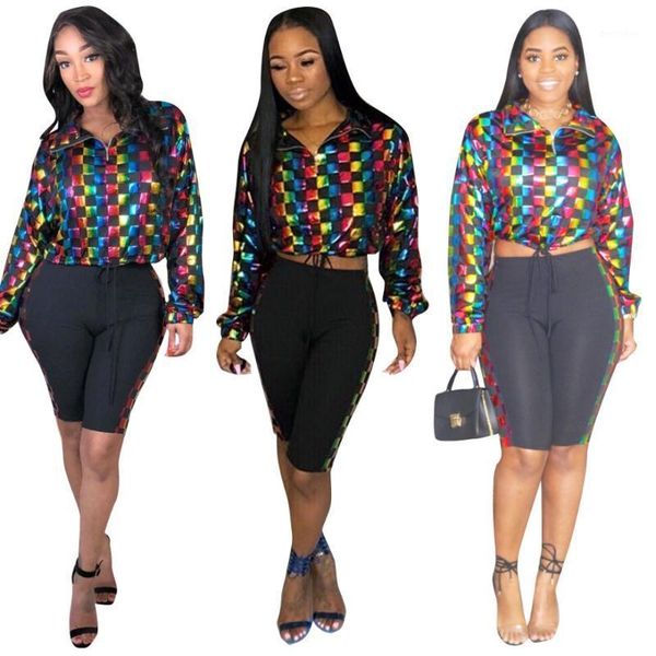 

women's tracksuits autumn casual 2 piece set front zip long sleeve lace up crop side colored plaid knee length pants lady matching sets, Gray