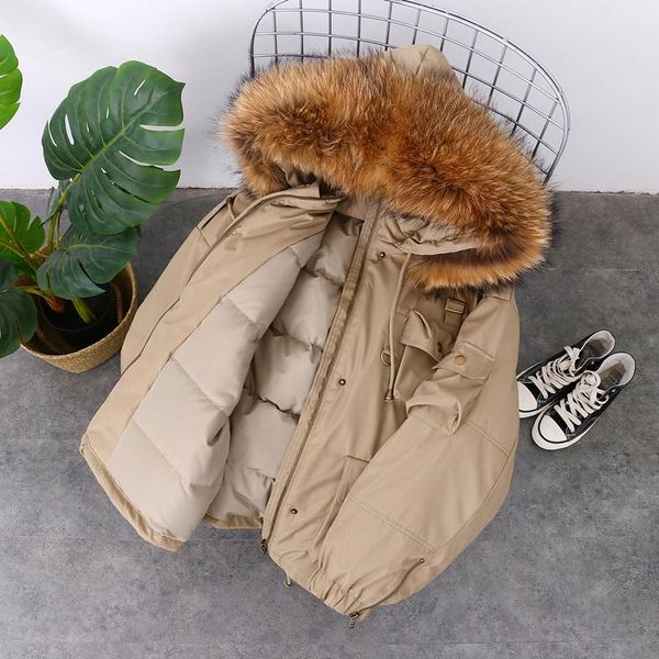 

реальный мех женщины пальто зимы толстые 90% белая утка вниз parka женщина большой природные шерсти енота с капюшоном короткая куртка сыпучи, Black
