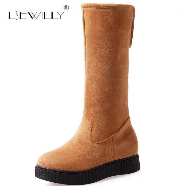 

boots lsewilly fashion flock winter shoes woman round toe mid calf slip on flat party casual plush snow s9561, Black