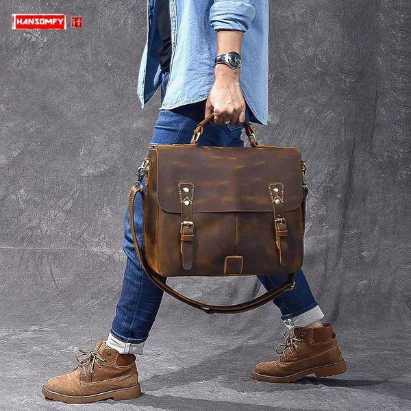 

men's handbag male lapbriefcase genuine leather shoulder crossbody bag men business travel bags vintage crazy horse leather