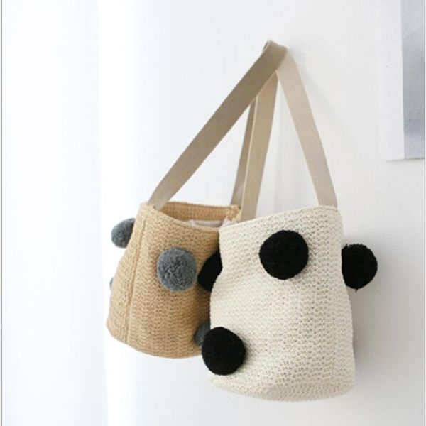 

straw casual style bags summer woven pom poms beach bags women barrel-shaped shoulder tote with drawstring kwjdd mukk