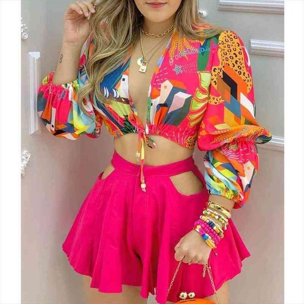 

summer women two pieces set print deep v neck colorblock lantern long sleeve croop amp cutout plain vintage casual, White;black