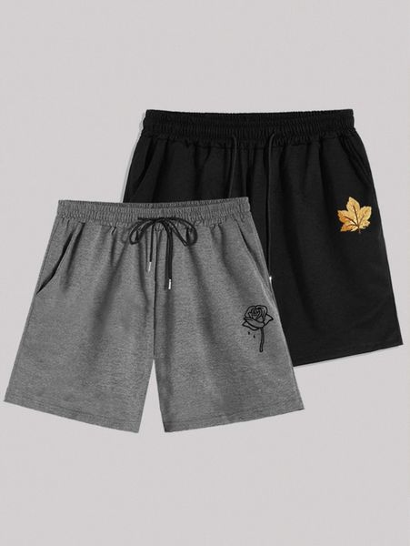 

men 2pcs drawstring waist leaf & rose print shorts l3ad#, Black