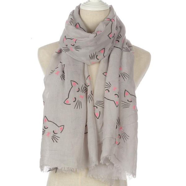 

2020 new cute cat print fringe scarves shawls wrap women long soft cats pattern scarf hijab 5 color ing, Blue;gray
