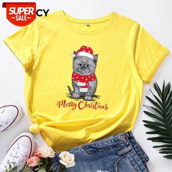 

jfuncy 100% cotton women christmas cute cat print t-shirt female casual t shirt women plus size short sleeve graphic tees #ue2w, White