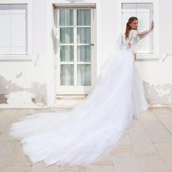 

charming white mermaid overskirt wedding dresses 2021 long sleeve satin beaded lace country church wedding gowns vintage long train bridal