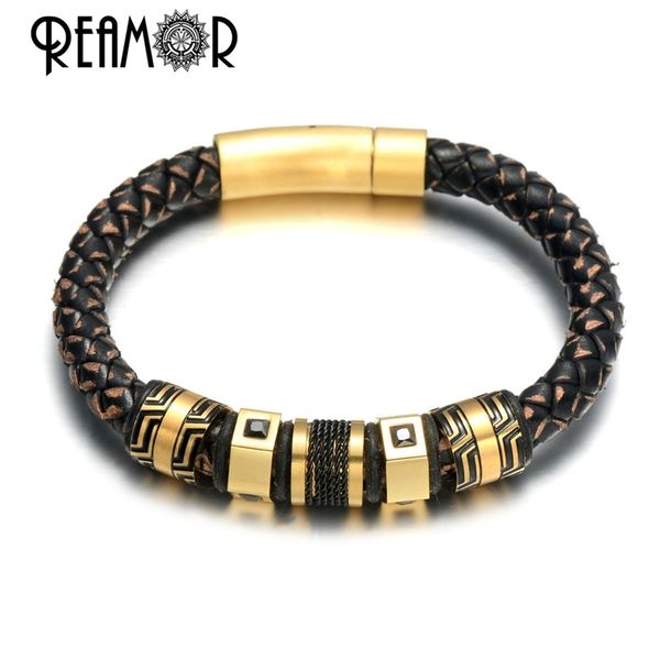 

reamor luxury stainless steel black zircon gold beads charm bracelets for men handmade genuine leather braided bangle jewelry y200730