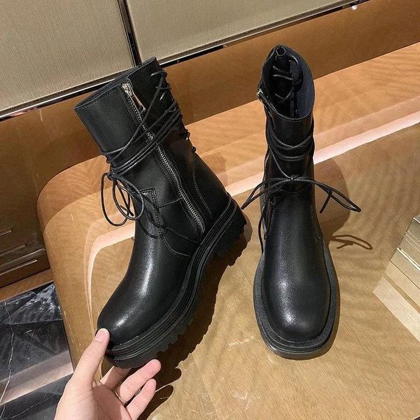 

2020 women boots leather 5cm platform boots autumn winter shoes zipper women motorcycle party wedges botas mujer #ac91, Black