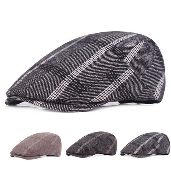

berets men cap sboy hats british western style cotton advanced flat ivy classic vintage striped beret, Blue;gray