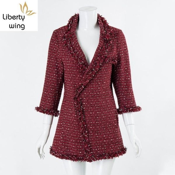 

fall womens half sleeve red tweed jacket spring v-neck braided ladies jackets slim medium length chic women coat outwear1, Black;brown