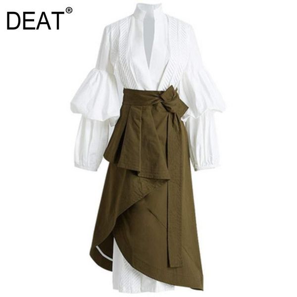 

deat] 2020 new autumn fashion suit women stand collar full sleeve ruffle blouse + high waist irregular skirt high street ht128, Gray