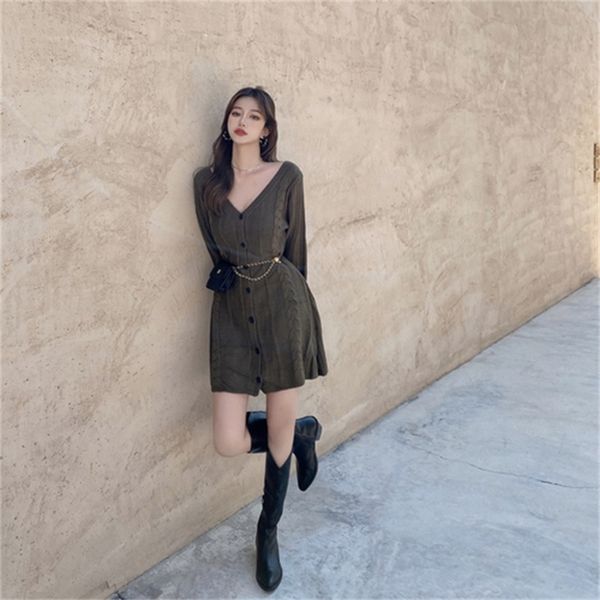 

2021 new casual sweater women long sleeve mini elegant knitted female autumn winter v-neck party dress office lady x2wq, Black;gray
