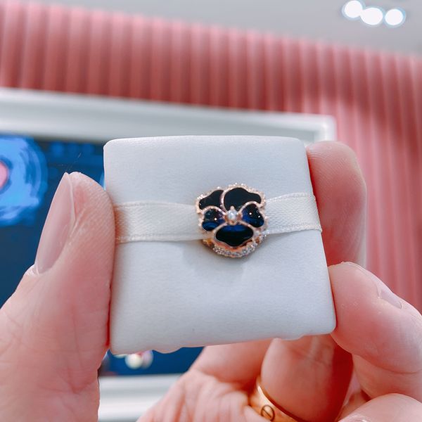 

rose gold plated silver deep purple pansy flower bead fits european pandora jewelry charm bracelets, Black