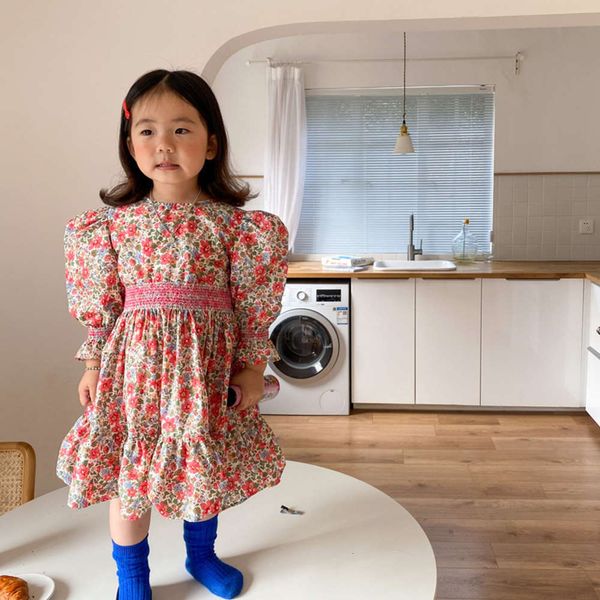 

2021 spring korean pleated floral drs mqd girl's bubble sve ruffle princs skirt, Red;yellow