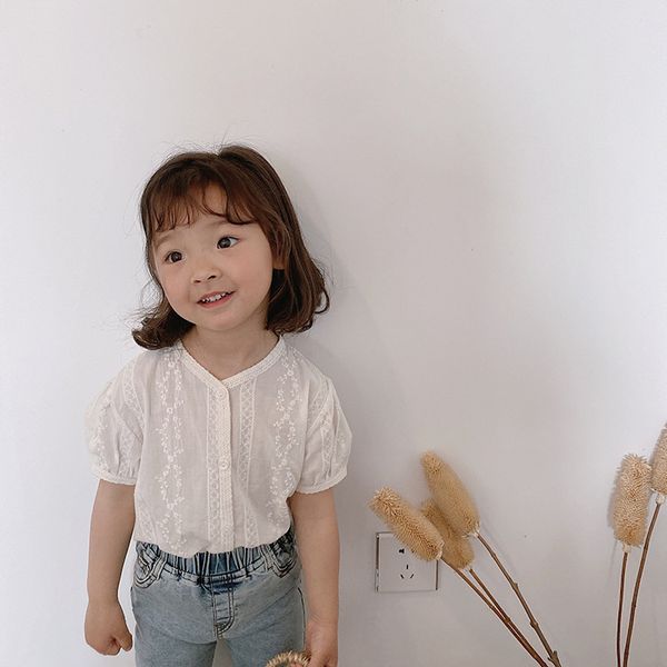 

summer baby girls lace embroidery white shirts 2020 retro white puff sleeve shirt y200704, White;black