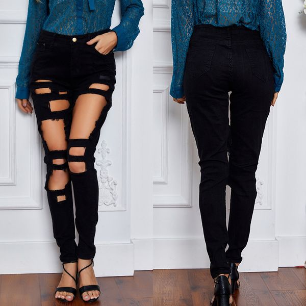 

clothing 2020 capris, versatile, perforated jeans, women's fashion, Blue