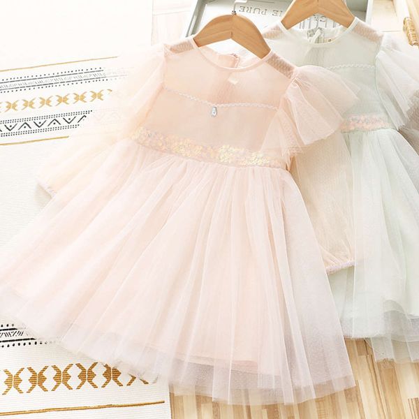 

children's wear 2021 spring new korean version flying sve mh drs girl's sequin a-line princs skirt, Red;yellow