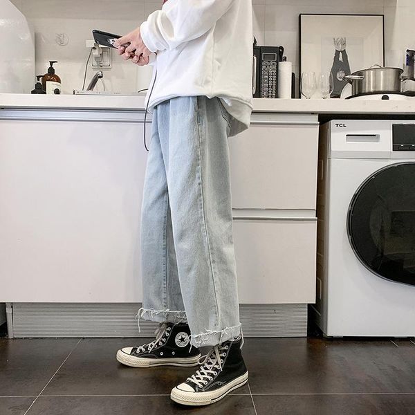 

men's jeans denim spring autumn 2021 style light blue waistband korean casual pants loose fashion trend wild harem
