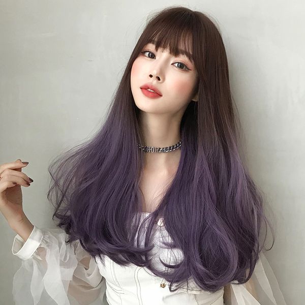 

factory wholesale wig female long hair three-color gradient color trend long curly hair whole head cover foreign trade, Black
