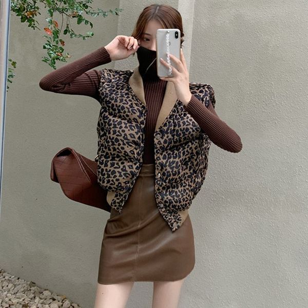 

2020 autumn new leopard print vest high collar base coat a-line leather skirt + overalls fashion suit for women