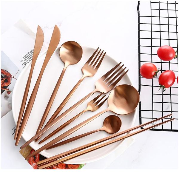

rose gold cutlery set butter knives chopstick steak knife fork coffee spoon teaspoon home party travel wedding noble t jlljin