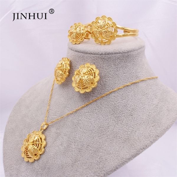 

ethiopia 24k gold jewelry sets for women african wedding wife gifts bridal party necklace pendant earrings ring set jewellery 201222, Slivery;crystal