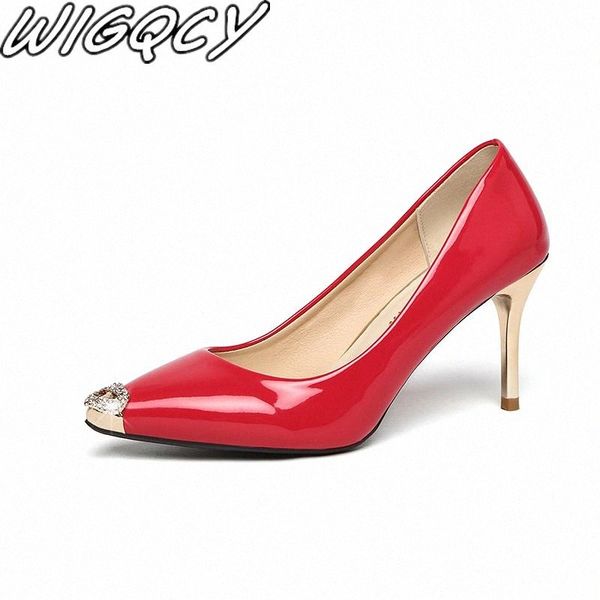 

patent leather thin heels fashion summer wedding party dress red high heels pointed metal decoration luxury shoes women #tv8r, Black