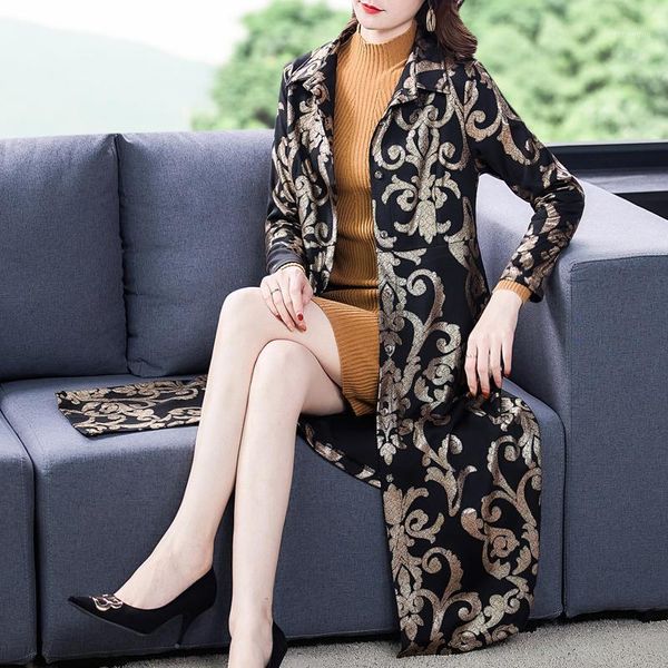 

2020 autumn noble print 5xl plus size long jackets trench elegant bodycon women windbreaker winter fashion vintage casual coats1, Tan;black